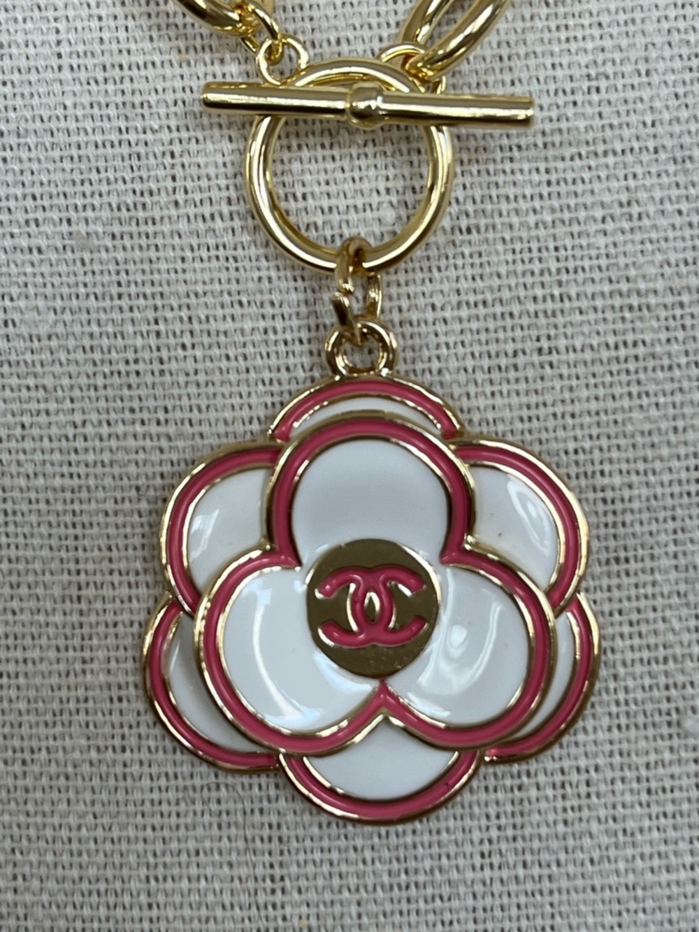 Upcycled Authentic Stamped Chanel Camellia Pendant on 14K Gold Plated Necklace - Picture 2 of 7